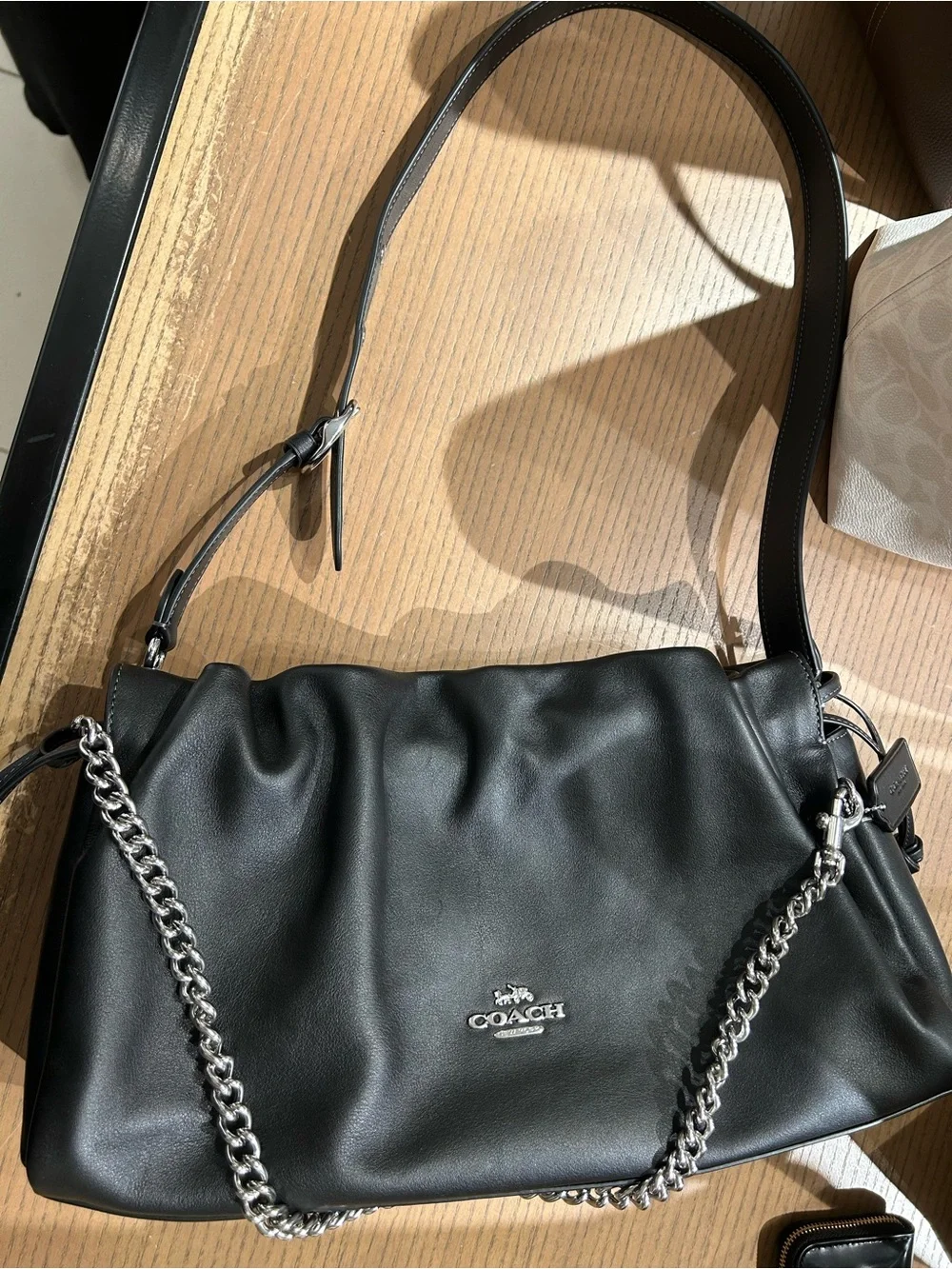 Coach Black calf  Leather cloud Shoulder Bag with Silver Chain  new